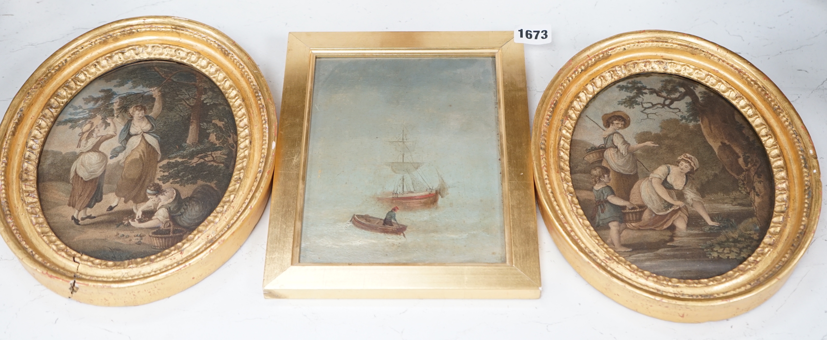 20th century School, oil on board, Fishing boat before a ship, together with a pair of 19th century oval colour stipple engravings, females and children, largest 19.5 x 14.5cm